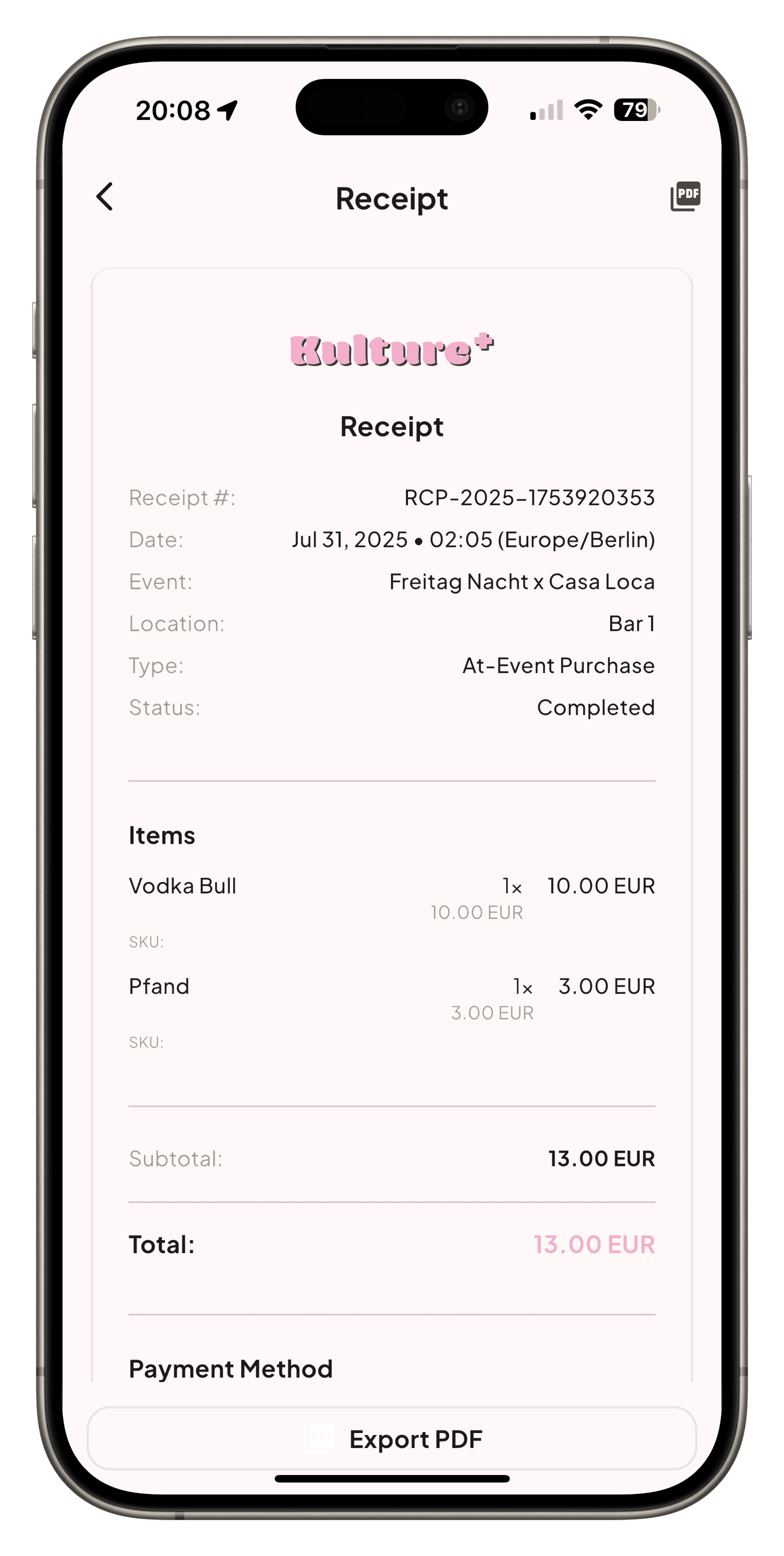 Mobile Receipts Screen